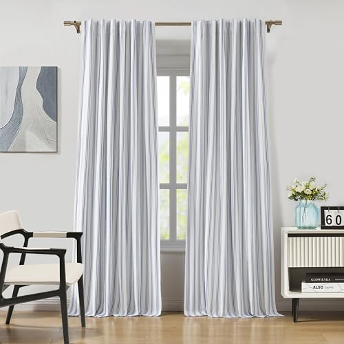 "ZJDECOR Blue Striped Blackout Curtains 84 Inches Length,Ticking Stripe on White Cotton Blended Light Filtering Fabric with White Liner,Modern Bedroom Window Treatment,Back Tab Rod Pocket,55"" Wx84 Lx2"