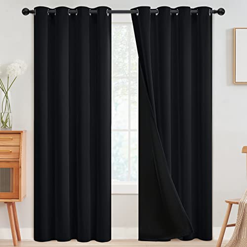 SimpleHome Black 100% Blackout Curtains Room Darkening Living Room 96 Inch - Curtains for Bedroom,Thermal Insulated Grommet Window Drapes,Curtains for Living Room with Black Back,52 x 96 Inch,2 Panels