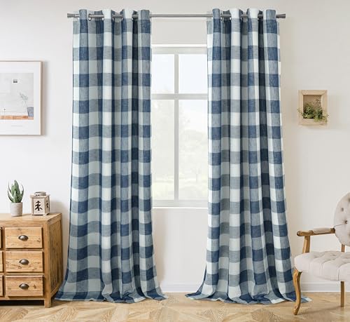 DriftAway Buffalo Plaid Blackout Curtains Grommet 2 Panels W52 x L96, Navy - Blackout, Gingham Checker Pattern, for Bedroom Living Room Nursury, Thermal Insulated, Linen Texture, Thermal Insulated Drape