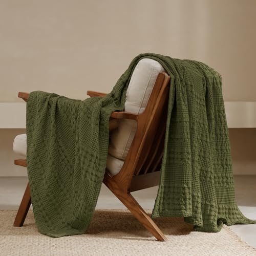 "PHF 100% Cotton Waffle Weave Throw Blanket, Soft Lightweight Breathable Cozy Throws for Couch Bed Sofa, Luxury Aesthetic Christmas Blanket Gift for Home Decor & Office, 50""x60"", Capulet Olive"
