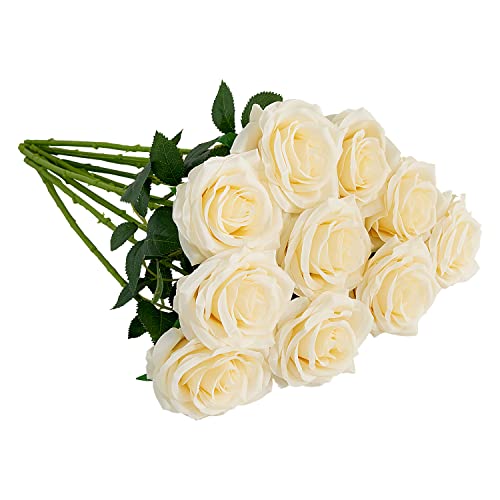 IUKnot Artificial Rose 10pcs Open Flower Bouquet Faux Rose Stems for Wedding Arrangement, Bridal Bouquet, Centerpiece, Fake Faux Silk Flowers (Ivory)