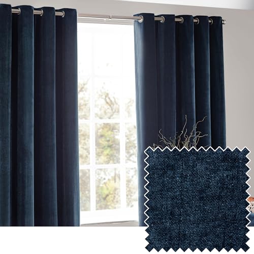 Yard furn Heavy Chenille Blackout Eyelet Curtain Pair – Lined Light Blocking Soft Velvet Curtains (Navy - Width 229 x Drop 137cm)
