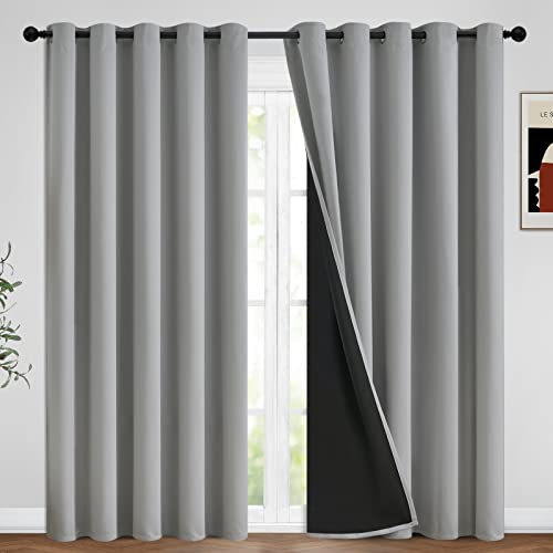 Yakamok 100% Blackout Curtains, 2 Thick Layers Completely Blackout Soild Thermal Insulated Drapes with Black Liner for Bedroom(62Wx84L, Light Grey, 2 Panels)
