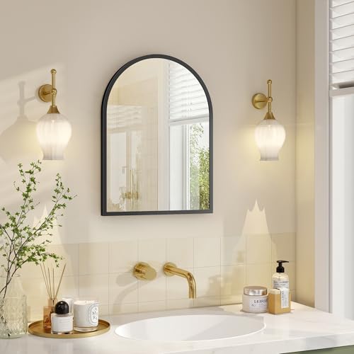 SONGMICS Bathroom Mirror, Wall Mounted Vanity Mirror, Arched, Aluminium Frame, 40 x 30 cm, with Safety Film, Easy Installation, for Living Room, Bedroom, Bathroom, Ink Black LWM013BD01