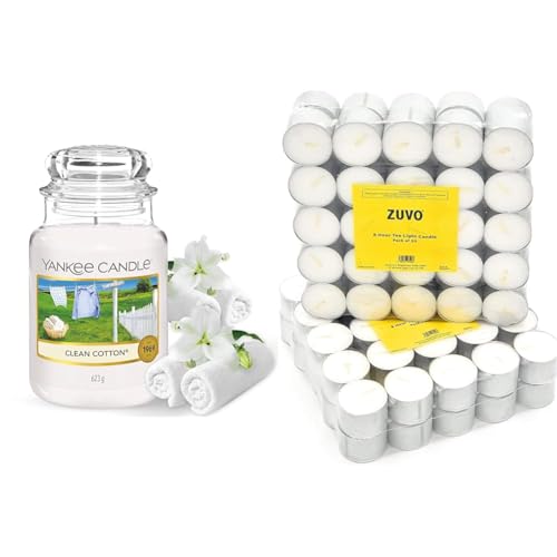 Yankee Candle Scented Candle - Clean Cotton Large Jar Candle & 8 Hour Tea Lights Candles (50 Pack) - White Long Lasting Tea Lights - Unscented - 3.8 x 2.3 CM, 8hr