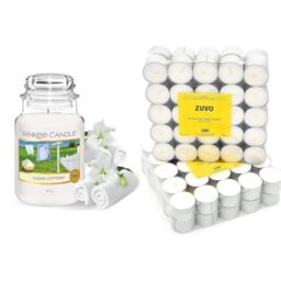 Yankee Candle Scented Candle - Clean Cotton Large Jar Candle & 8 Hour Tea Lights Candles (50 Pack) - White Long Lasting Tea Lights - Unscented - 3.8 x 2.3 CM, 8hr