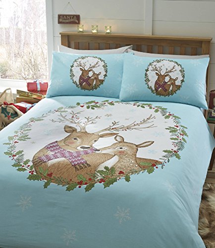 Mr & Mrs Stag Christmas Duvet Cover and 2 Pillowcase Set, Blue, Double