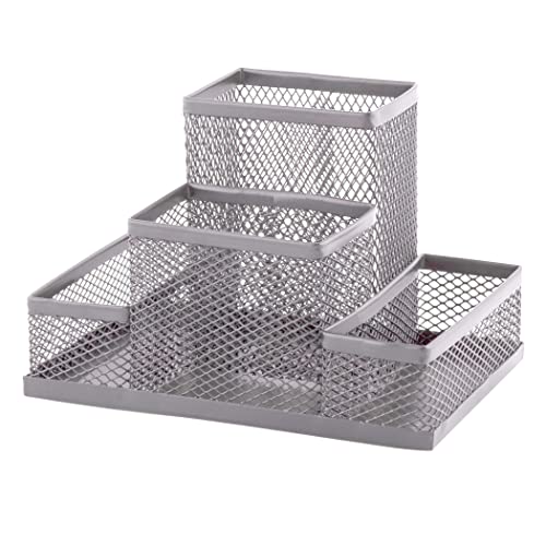 D.RECT Desk Organiser, Pen Holder, Desk Pen Holder, Table Organiser Made of Metal, Office Tray with Note Holder, Mesh, 103 x 154 x 103 mm, Silver
