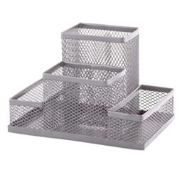 D.RECT Desk Organiser, Pen Holder, Desk Pen Holder, Table Organiser Made of Metal, Office Tray with Note Holder, Mesh, 103 x 154 x 103 mm, Silver