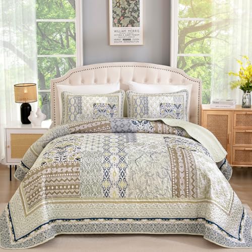 "WONGS BEDDING Boho Quilt Set Queen, 3 Pieces Beige Patchwork Bedspread Coverlet Set,Soft Lightweight Microfiber Bohemian Floral Pattern Bedding Set for All Season (96""X90"")"