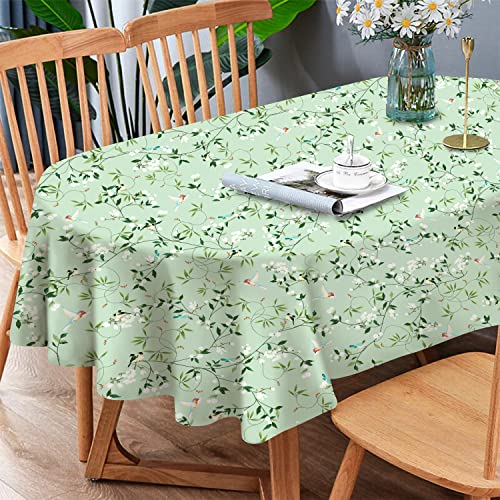 Virtumob Oval Bird Floral Tablecloth,Green French Tablecloth for Oval Tables 60 x 120 inch,Perfect for Kitchen Dinner, Restaurant,Holiday Picnic Table Cover