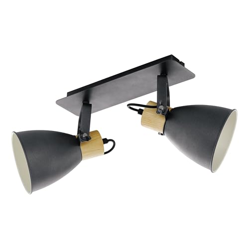 Eglo Coswarth Ceiling Light Fitting, Vintage Ceiling lamp with 2 Spots, Industrial Spotlight bar, Steel in Anthracite and Cream-White, Natural Wood, E27 Socket, FSC Certified