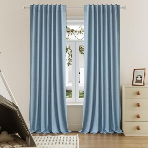 DUALIFE Slate Blue Linen Blackout Curtains 132 Inch Length 2 Panels Set for Living Room Bedroom Back Tab Thermal Insulated 100% Black Out Linen Drapes 11 ft Window Curtains 132 Inches Long Stone Blue