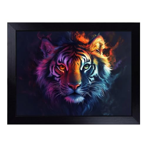 Lap Tray with Bean Bag Cushion, Tiger Illustrated - Handmade in the UK, Raised Wooden Edge, Padded Cushion, Heat-Resistant Wipe-Clean Surface, for Meals, Laptops and Crafts