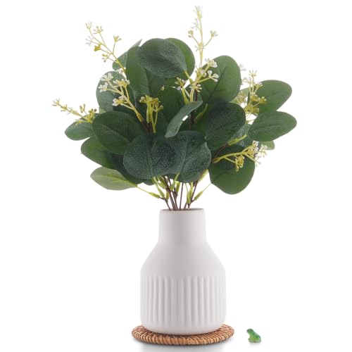 Artificial Eucalyptus Greenery Stems in Ceramic Vase,10Pcs Fake Plants Eucalyptus Leaves faux Plants for Centerpiece Table Decorations Home Room Decor office desk decor Greenery Decor indoor (White)