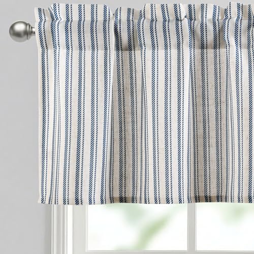 "JIUZHEN 42x18 Inch Kitchen Valance - Thick Textured Linen Striped Window Valance Curtain with 3"" Rod Pocket, Vertical Striped Blue (1 Panel)"