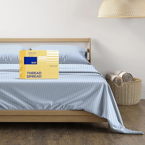 600 Thread Count King Size Striped Sheet Set - 100% Cotton Damask Sheets - Silky & Soft Like Egyptian Cotton - Deep Pocket Sateen Weave 4Pc Bed Sheets - Hotel Quality Sheet for King Beds - Navy Blue