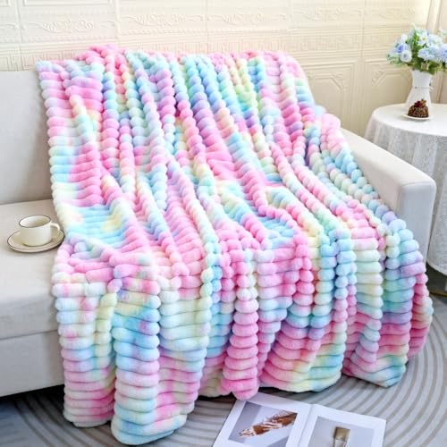"MYRU Plush Throw Blanket, Rainbow Tie-Dye Pattern, Super Soft Faux Fur, Pastel Pink Blue Purple, Decorative Cozy Blanket for Couch Bed,Gift for Women (Rainbow, Throw (49"" x 63""))"