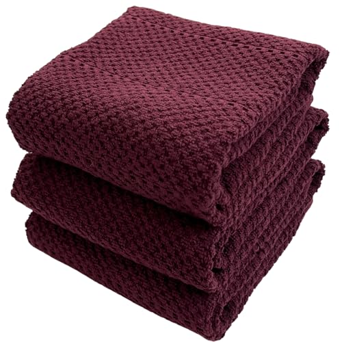"Purple Burgundy Wine Kitchen Hand Dish Towels: Oversized 28"" x 18"",100% Cotton Cloth Soft Cleaning Drying Absorbent Textured Design, Set of 3 Multipurpose for Everyday Use (Wine)"