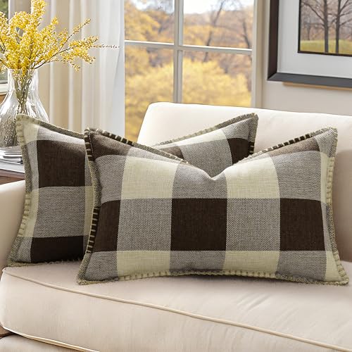 decorUhome Fall Plaid Linen Throw Pillow Covers 12x20 Set of 2 Brown Beige - Buffalo Check Cozy Decorative Farmhouse Gingham Pillow Cases with Stitched Edge for Bed Couch Sofa Classic Modern Accent