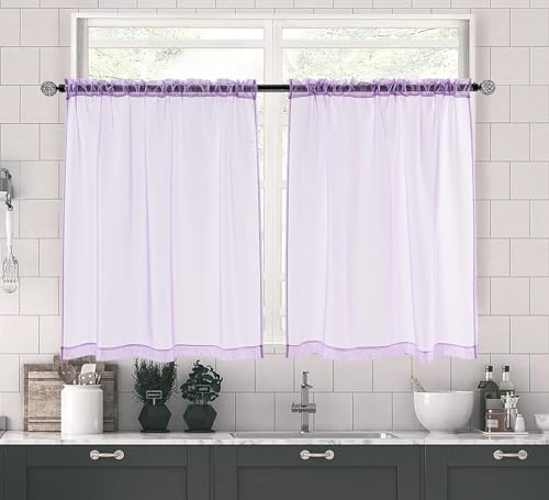 PI Sheer Curtains,Valance Small Window Treatment Light Voile with Rod Pocket for Café/Kitchen/Bedroom/Living Room 2 Panels (W42XL30,Violet Purple)
