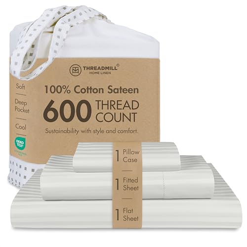 Threadmill Home Linen bedding collection 600 Thread count 100% ELS Cotton Damask Stripe Sheet Set, Hem Stitch Luxury Bedding, 3 Piece Set, Bed sheets, Smooth Sateen Weave, Twin, Silver