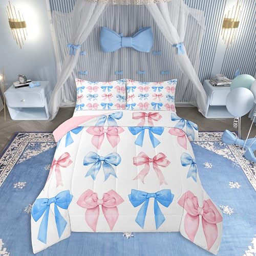 Erosebridal Rainbow Bows Comforter Set Full,Pink Blue Kawaii Bowknot Bedding for Kids Girls,Watercolor Ribbon Bows Duvet Insert,Aesthetic Coquette Down Comforter