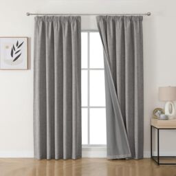 Joydeco 100% Blackout Curtains, Linen Curtains with Ruffle Tape, Set of 2, H 225 x W 140 cm, Light Grey, Thermal Curtain, Cold Protection, Opaque, Sound Protection, Ideal for Living Room, Matches Rail