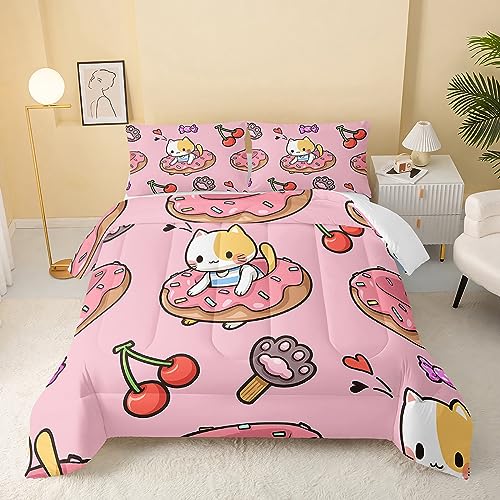 QOOMO Kawaii Cat Comforter Twin Size,Doughnut Cherry Cat Comforter Set for Kids Teens Girls,3Pcs Bedding Set Printed Comforter with 2 Pillowcases,Soft and Lightweight(Pink???Full Size)