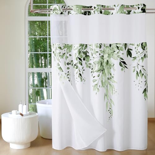 QIYI No Hook Shower Curtain with Snap in Fabric Liner, Olive Green Eucalyptus Shower Curtain with See Through Top Window, Waterproof Washable Cloth Ringless Shower Curtain Set for Bathroom, 72 x 75