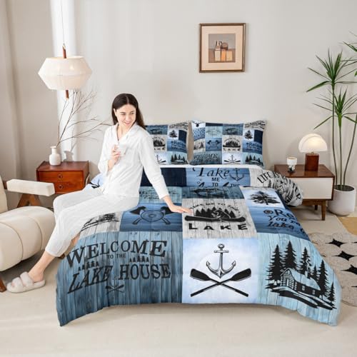 Lake House Comforter Set Queen Size,Camping Fishing Bedding Set Bear Anchor Pine Print Grid Quilt Set Kids Boys Girls Adult Rustic Cabin Decor Blue Patchwork Plaid Duvet Insert,2 Pillowcases