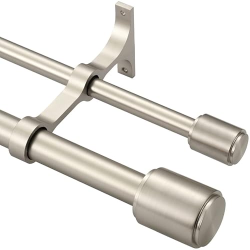 Double Curtain Rods Brushed Nickel, Double Drapery Rod 36-72 Inch, Double Curtain Rods with Cap Finials, Adjustable 1 Inch Front and 5/8 Inch Back Dual Curtain Rod, Brushed Nickel Double Window Rods