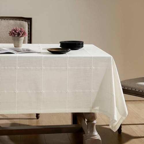 ZeeMart Grid Embroidered Rectangle Tablecloths 60x84in, Hem/Off-White - Heavy Weight Non-sheer Linen Fabric, Mitered Corner Finish, Water Resistant Farmhouse Table Cover, Boho Plaid Home Decor