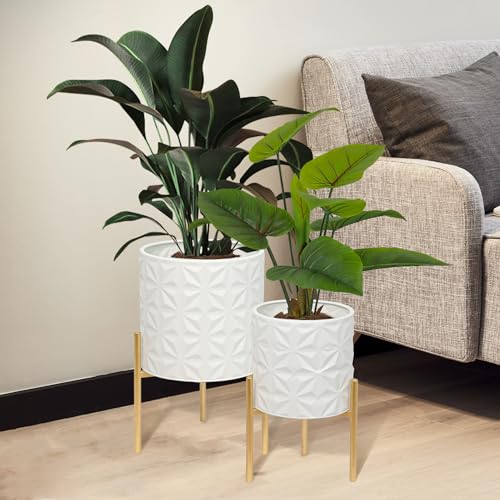 ARNIS Modern Planters, Set of 2 Large Flower Pots with Stand, Decorative Planters, Metal Planters with Drainage Holes for Living Room, Office, Garden, Balcony, 8.25 and 10.5 Inch, White