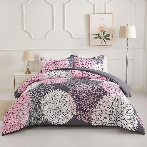 Koniroom 3PCS Pink and Grey Comforter Set King Size, Floral Bedding Sets King with Pink Cute Flowers Pattern Printing, Reversible All Season Comforter with 2 Pillow Shams