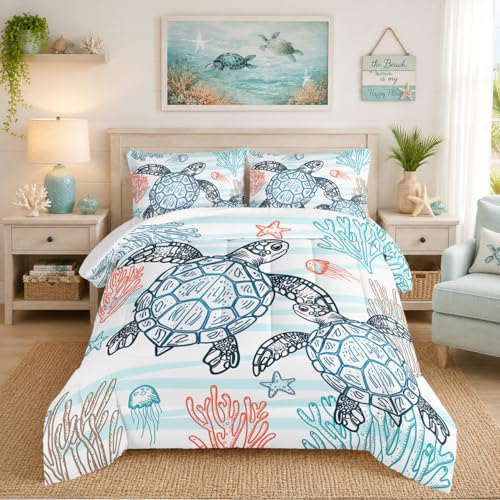HOSIMA Sea Turtle Comforter Set,Coastal Beach Themed Bedroom Comforter Set Queen Size for Kids Teen Girls Boys Room Decor,Turtle Twin Bed in a Bag for Girls with 2 Pillowcases.