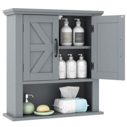RELAX4LIFE Double Door Wall Mounted Bathroom Cabinet, Over The Toilet Storage with 2 Doors and Adjustable Shelves, Wooden Bathroom Cupboard for Living Room Kitchen (with Open Compartment, Grey)