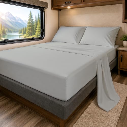 SlumberWell 4 Piece Luxury Soft Microfiber Fitted Bed Sheet Set for Campers, 8 to 12 Inch Deep Pocket, RV Bunk 42 x 80, Light Grey