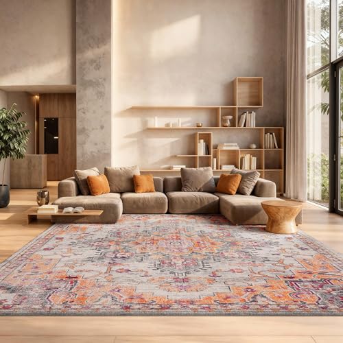 Safavieh Boho Rug for Living Room, Dining Room, Bedroom - Madison Collection, Short Pile, in Beige and Orange, 244 X 305 cm