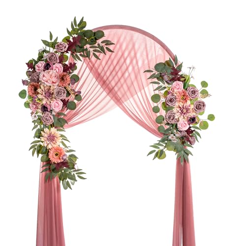 Lisuun Artificial Wedding Arch Flowers with Chiffon Runner, Pack of 3 - Includes 2 Flower Swags, 1 20ft Chiffon Runner and Zip Ties for Wedding Arches, Arbors and Backdrops