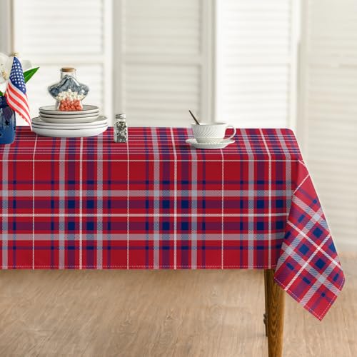 Horaldaily 4th of July Tablecloth 52 x 70 Inch Rectangular Buffalo Plaid - Red Blue Independence Day Seasonal Washable Table Cover for Party Picnic Dinner Decor