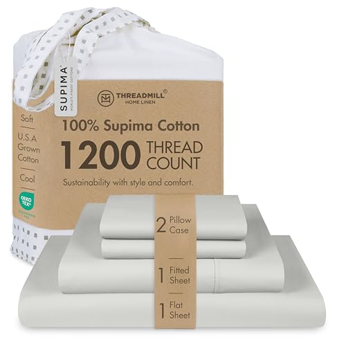 "Threadmill 1200TC Supima Cotton Cal King Sheet Set, Sateen, Light Grey - 100% Supima Cotton, Sateen Weave, 4-Piece Set, 17"" Deep Pocket, All-Around Elastic, Hotel Quality, OEKO-TEX Certified"