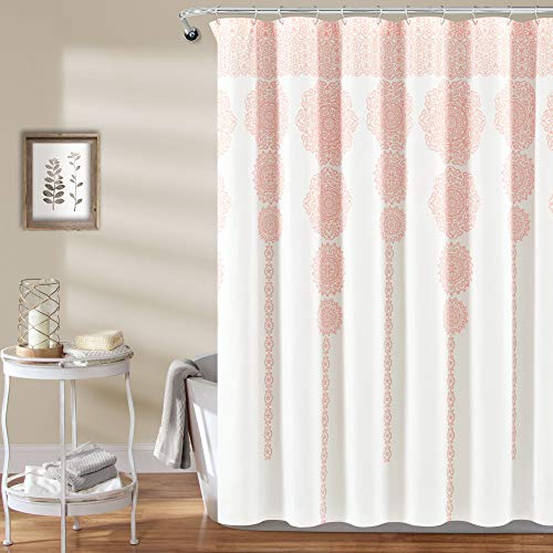 "Lush Decor Stripe Medallion Shower Curtain-Fabric Mandala Bohemian Damask Print Design, Blue, Polyester, Blush, 72"" W x 72"" L (Pack of 1)"