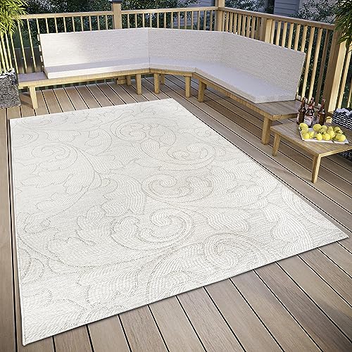 freundin Home Collection Palau Indoor & Outdoor Rug - Floral Flat Weave Leaf Pattern, Weatherproof & UV-Resistant Outdoor Rug for Living Room, Hallway, Balcony, Patio, Garden - Cream, 77 x 150 cm