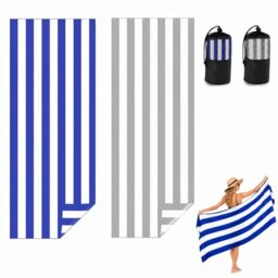 Admygo Microfibre Beach Towels for Adults - 2 Pack 180 x 90 cm Extra Large Beach Towels with Drawstring Bags, Quick Dry Lightweight Sand Free Towel for Swim, Travel, Gym (Stripe Dark Blue & Grey)