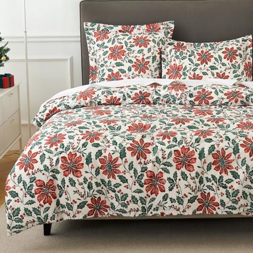 "DAUAOTO California King 104""X96"" Holiday Duvet Cover Set, 100% Cotton Farmhouse Pattern Bedding Sets, Christmas Flower Pattern"