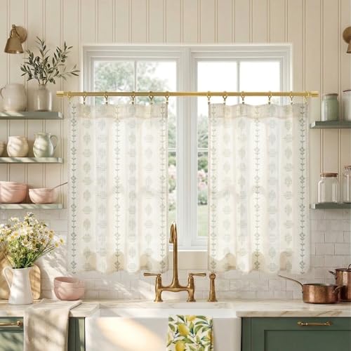 Lino Rosa Sage Green Boho Kitchen Linen Small Tier Cafe Curtains 24 Inch Length for Bathroom RV