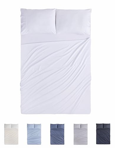 Todocama 4 Piece 4002 Fitted Sheet Set - Top Sheet - Two Pillowcases 50 x 80 cm (Bed 105 x 190/200 cm, White)