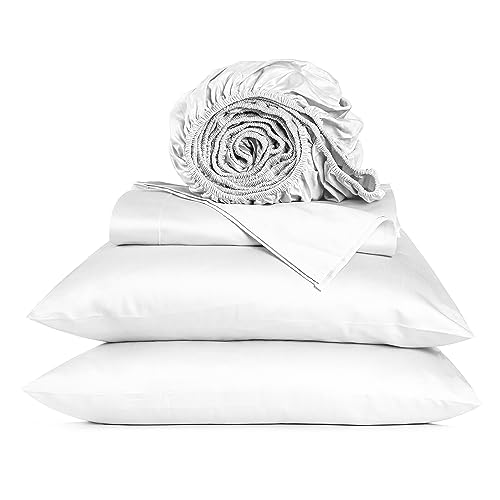 URBANHUT 100% Cotton Sheets California King Size, 4 Piece Hotel Style Sheet Set for Cal King Size Bed, Sateen Weave Sheets, 16'' Elasticized Deep Pocket - White