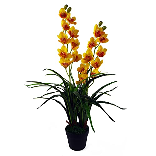 Leaf 90cm Artificial Cymbidium Orchid Plant-Extra Large Black Plastic Pot, Yellow